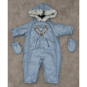 Avirex Blue Snowsuit Hooded Fleece Lined Attached Mittens Baby 3-6 Months